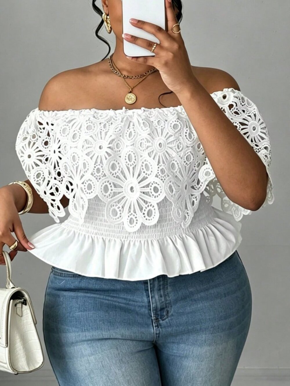White Casual Women's Plus Size Off-Shoulder Lace Blouse
